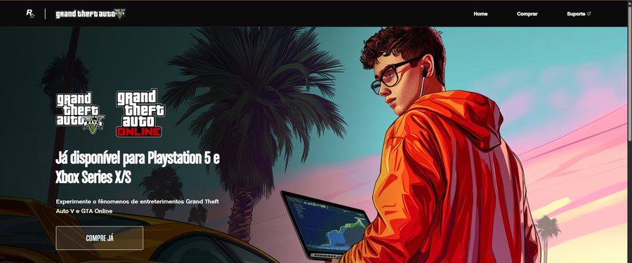 Captura de tela do site Grand Theft Auto V — página inicial com banner do jogo